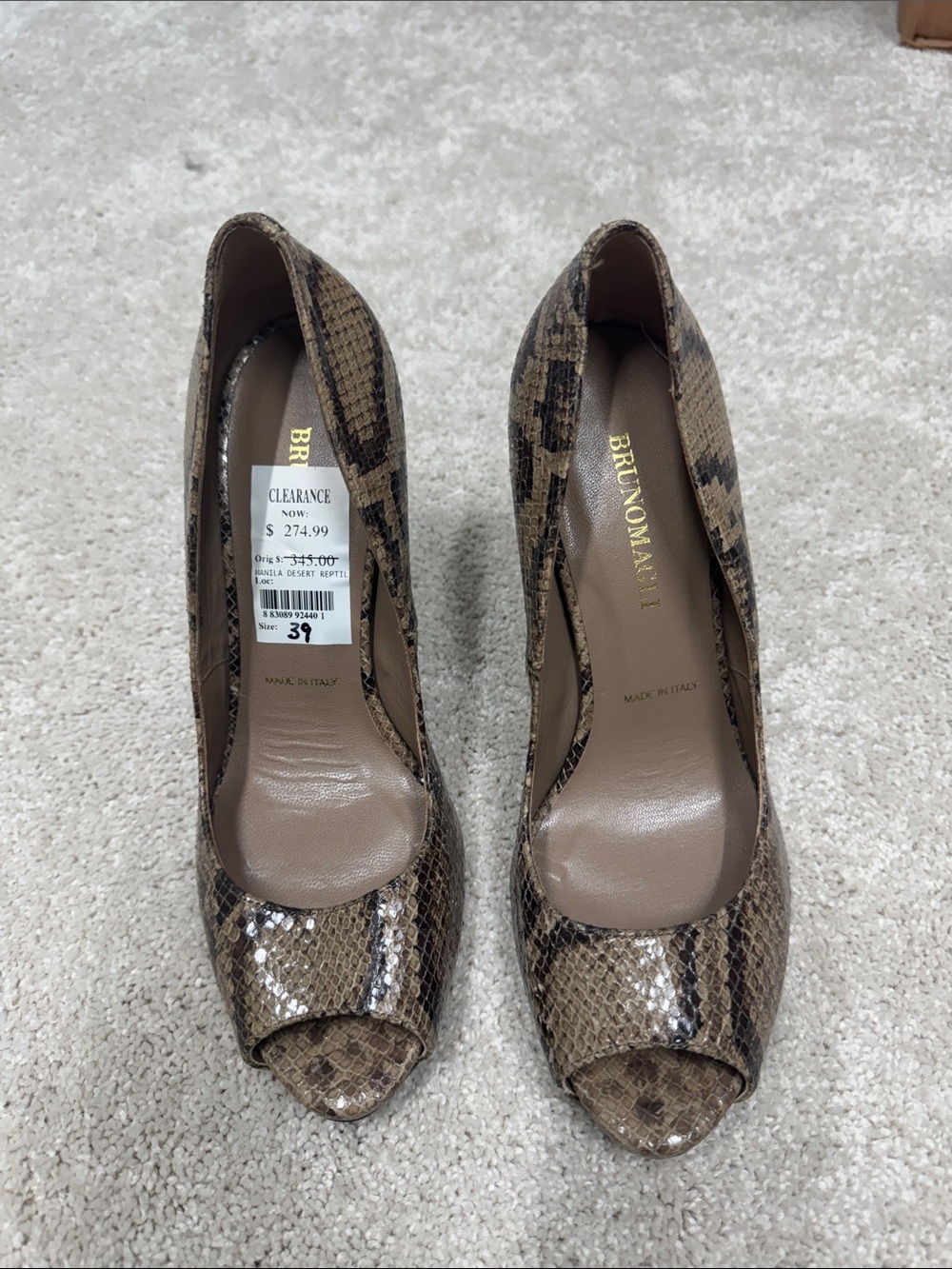 Bruno Magli Tan Brown Snake-Print Peep-Toe Pumps - NEVER WORN